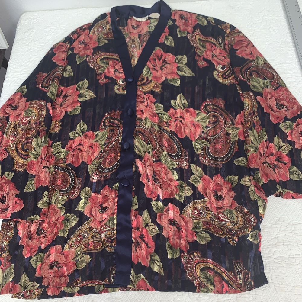 Victoria's Secret VTG GOLD LABEL Floral Blouse Sleep Shirt Nightgown SHEER L